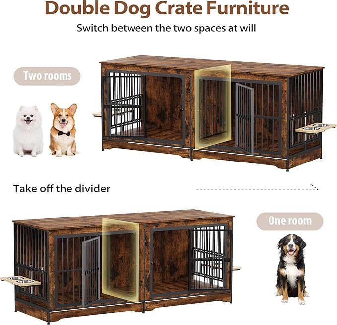 Rovibek 78 Double Dog Crate Furniture for 2 Large Dogs Indoor, Wooden Furniture Dog Crates with Dog Bowl, Dog Kennel Furniture TV Stand Large Breed Brown