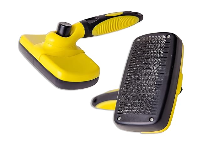 BarxBuddy Self Cleaning Slicker Brush for Dogs & Cats (Smooth & Gentle Bristles) Perfect Deshedding Tool For Long & Short Haired Dogs, Cats, Rabbits, and Other Pets Yellow
