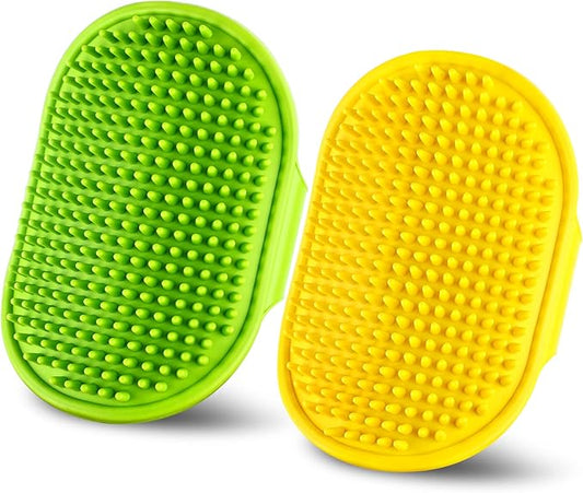 Dog Bath and Grooming Brush | Shampoo Massage Comb With Adjustable Loop Handle for Short and Long Hair Cats and Dogs, 2pcs (Tapered Head, Yellow + Green)