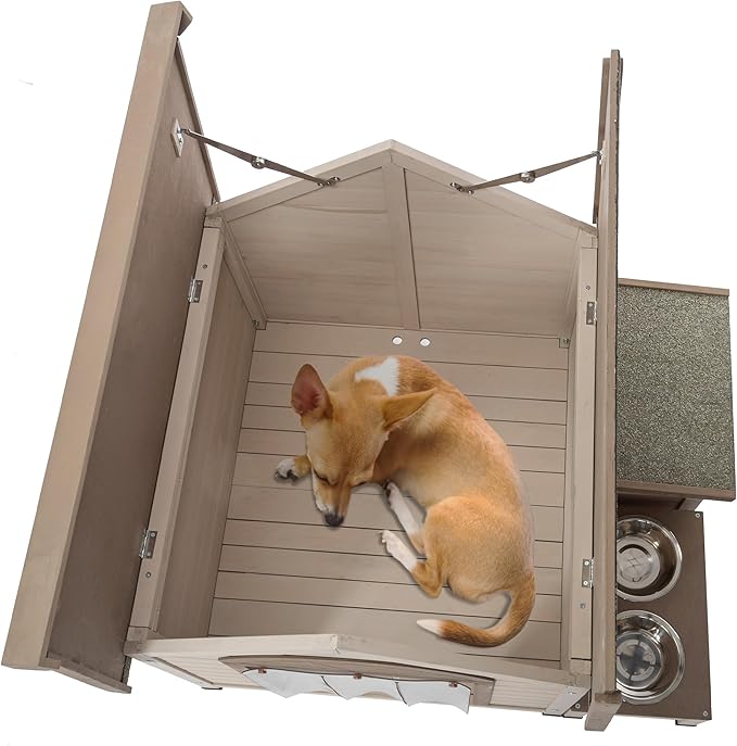 Outdoor Fir Wood Dog House,Elevated Feeding Table Dog Crate with 2 Bowls,Open Room Door Top Dog Kennel with Storage Box and Plastic Door Curtain,Rain and Wind Proof Cage,for Doggy,Pets,Cream