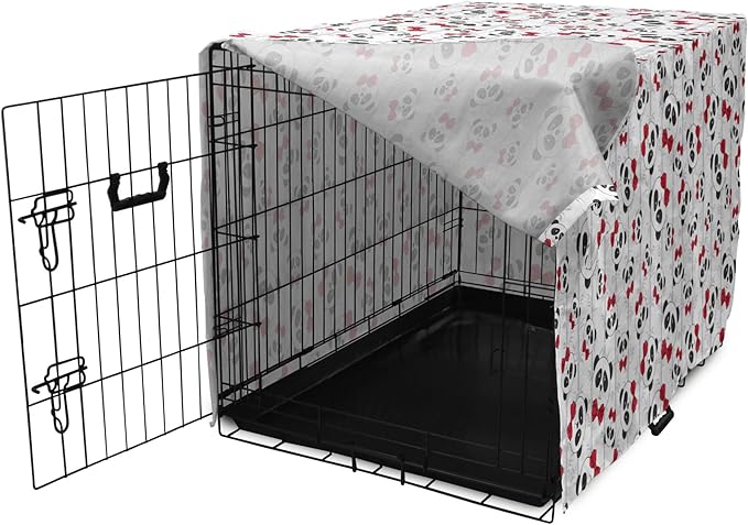 Lunarable Panda Dog Crate Cover, Funny Pattern of Asian Bear Animal in Romantic Bow Tie Cartoon Design, Easy to Use Pet Kennel Cover for Medium Large Dogs, 22 Inch, Pale Grey Black and Red