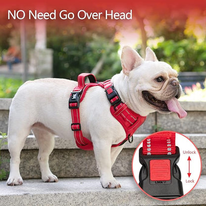 PoyPet No Pull Dog Harness, No Choke Reflective Dog Vest, Adjustable Pet Harnesses with Easy Control Padded Handle for Small Medium Large Dogs(Red Matching Trim,S)
