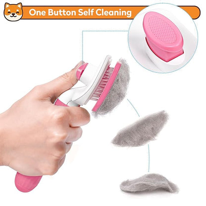 Self Cleaning Slicker Brush for Pets, Massaging & Grooming, Removes Loose Undercoat & Portable Comb for Long Short Haired Dogs & Cats (Pink)