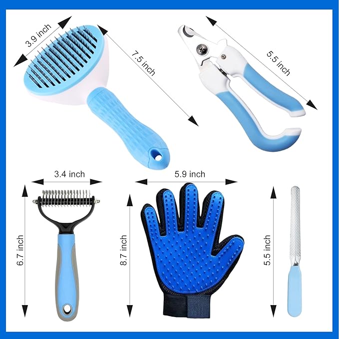 Comprehensive Pet Grooming Kit - Slicker Brush, Deshedding Tools, Nail Clippers, Polisher, Gloves and Bag for Dogs and Cats