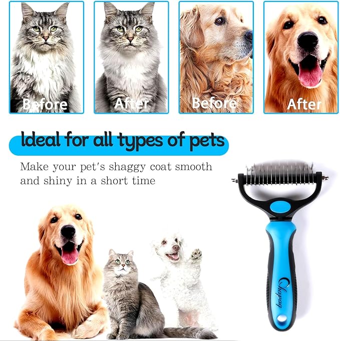 Pet Grooming Brush and Metal Comb Double Sided Long Hair Pet Undercoat Cleaner Knotting Comb for Cats and Dogs Removes Mats and Lint Effectively Removes Shedding or Flyaway Hair (Blue)