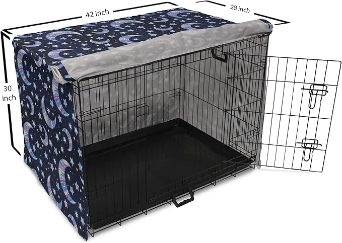 Lunarable Bohemian Stars Dog Crate Cover, Crescent Moon and Night Sky Elements Motif Curvy Background, Easy to Use Pet Kennel Cover for Medium Large Dogs, 42 Inch, Pink Blue