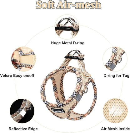 Mercano Soft Mesh Dog Harness and Leash Set, No-Chock Step-in Reflective Breathable Lightweight Easy Walk Escape Proof Vest Harnesses with Safety Buckle for Small Medium Dogs, Cats (Beige, L)
