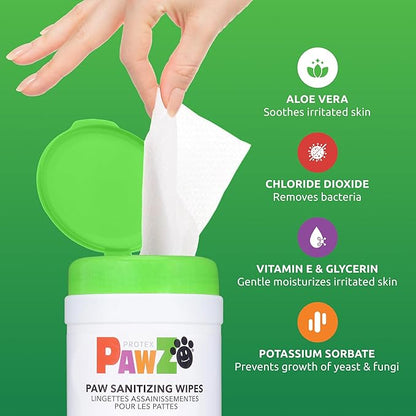Protex PawZ SaniPaw Odor Eliminating Dog Paw Wipes (60 Wipes) Cleansing Dog Grooming Wipes, Simple & Safe Lickable Ingredients - Paw Cleaner for Dogs, Pet Wipes