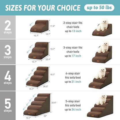 Dog Stairs for Chair, Small Dogs Steps for Cat, Sofa or Couch, Pet Ramp with Leakproof Cover, Lightweight, High Density Foam, Non-Slip, Durable, 15.7x19.7x11.8in, 2 Tiers, Brown