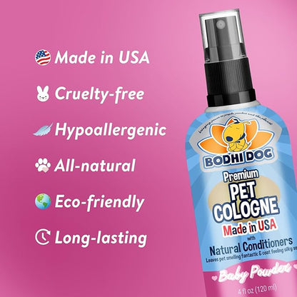 Bodhi Dog Natural Dog Cologne (Baby Powder) - Premium Scented Deodorizing Pet Perfume with Conditioner for Dogs & Cats - Keeps Pets Fresh & Clean - Gentle and Safe Formula, Made in USA (4 Fl Oz)