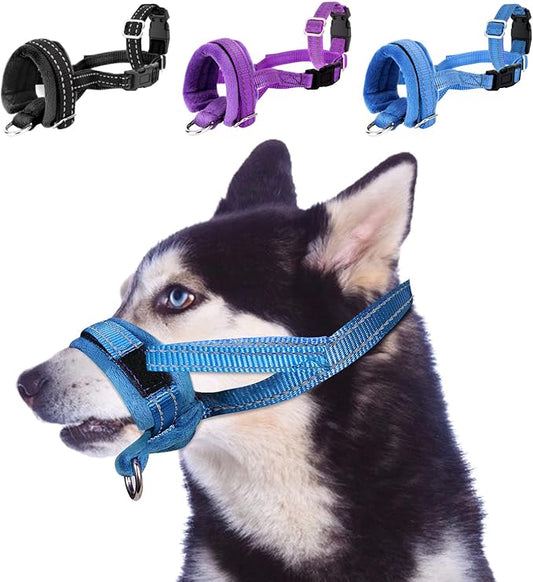SlowTon Soft Dog Muzzle, Adjustable Padded Nylon Muzzle for Large Medium Dogs Anti Chewing Barking Biting, Allow Dog Pant & Drink (Blue, M)