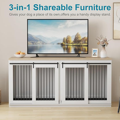 Large Dog Crate Furniture, 71" Wooden Dog Kennel for 2 Dogs, Heavy Duty Furniture Style Dog House with Divider & 2 Trays,Decorative Dog Crate Table Indoor Tv Stand