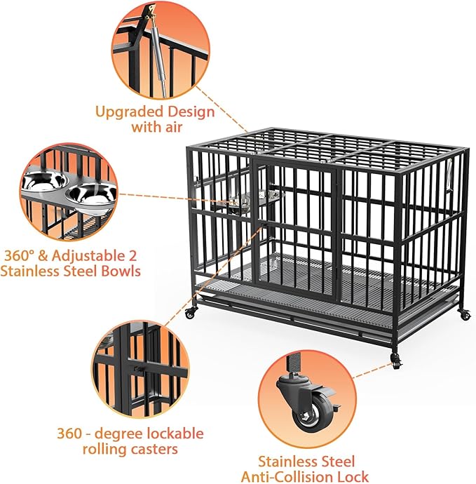LOVMOR 37" Heavy Duty Dog Crate with Wheels/Unique Air Lift Rod / 360° & Adjustable 2 Bowls, Extra Small Dog Crate