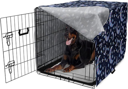 Lunarable Bohemian Stars Dog Crate Cover, Crescent Moon and Night Sky Elements Motif Curvy Background, Easy to Use Pet Kennel Cover for Medium Large Dogs, 42 Inch, Pink Blue