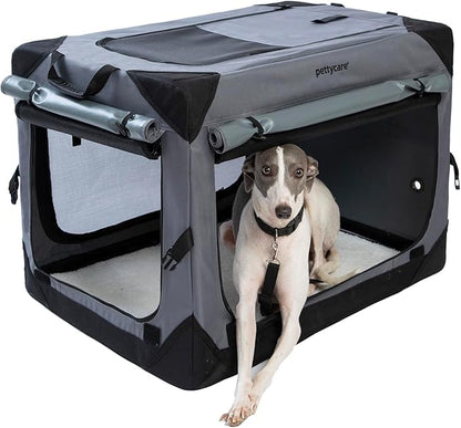 Pettycare 30 Inch Collapsible Dog Crate with Curtains Travel Dog Crate for Airflow and Calm Soft Pet Kennel with Portable Bag and More Chew Proof Mesh Indoor & Outdoor Grey 4 Door Curtains