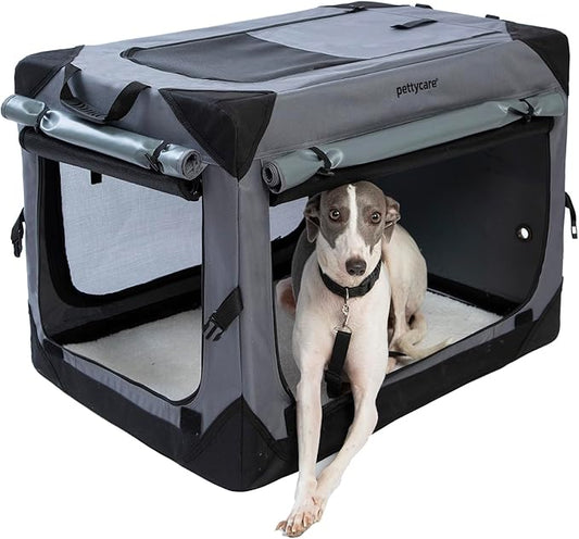 Pettycare 30 Inch Collapsible Dog Crate with Curtains Travel Dog Crate for Airflow and Calm Soft Pet Kennel with Portable Bag and More Chew Proof Mesh Indoor & Outdoor Grey 4 Door Curtains