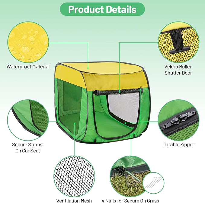 Travel Dog Crate Portable Dog Kennel for Small Dogs Pop Up Soft Dog Enclosure Indoor Outdoor for Medium Dogs Pets Foldable Crate（Green and Yellow-Medium）