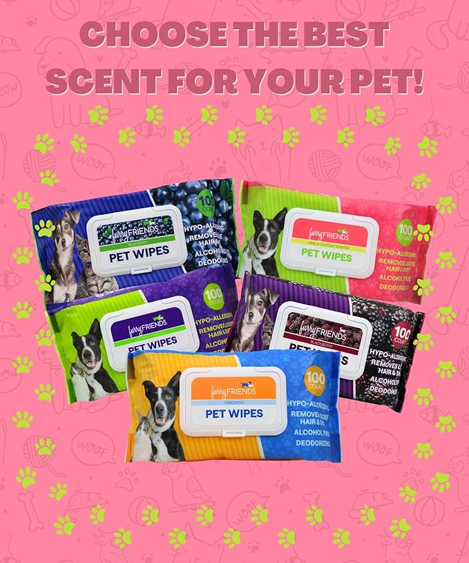 FurryFriends Pet Wipes | Vanilla Coconut Scented | Hypo-allergenic | Alcohol Free| Deodorizing | Removes Loose Hair & Dirt | Incredibly Clean | 100 ct. 1 Pack
