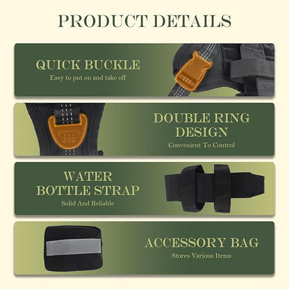 Tactical Dog Harness, Heavy Duty Dog Harness,Adjustable Breathable Pet Harness with MOLLE Panel, Small Pouch, and Bottle Holder,for Medium Dogs, Black M