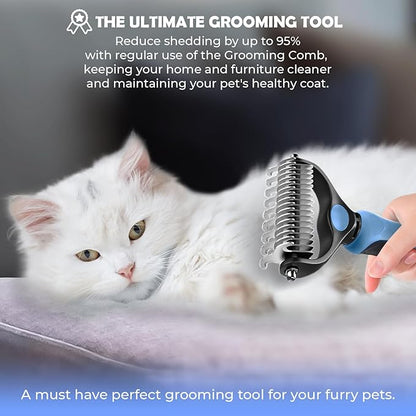 Undercoat Rake for Dogs & Cats, Dematting Comb with Extra Wide Double-Sided Stainless Steel Teeth for Detangling, Deshedding, Brushing, Thinning & Removing Shed Fur, Knots, Mats, and Tangles in Pets