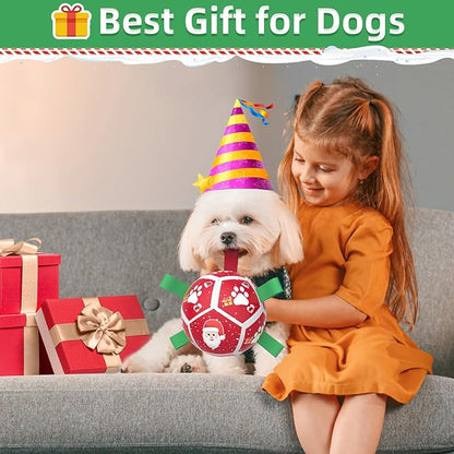 QDAN Christmas Dog Toys Soccer Ball with Straps, Outdoor Interactive Dog Toys for Tug of War, Puppy Birthday Gifts, Dog Tug Toy, Dog Water Toy, Durable Dog Balls for Small Dogs（5 Inch）