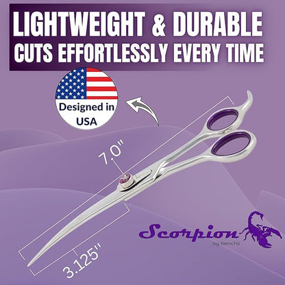 Kenchii Scorpion Dog Grooming Scissors, 7 Inch Curved Shears, Dog Scissors for Grooming, Professional Pet Grooming Scissors, Heavy Duty, Durable and Sharp