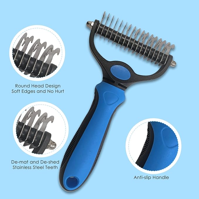 Pet Grooming Kit - Deshedding Brush with Metal Comb and Flea Comb for Detangling and Removing Matted Fur, Fleas on Cats and Dogs