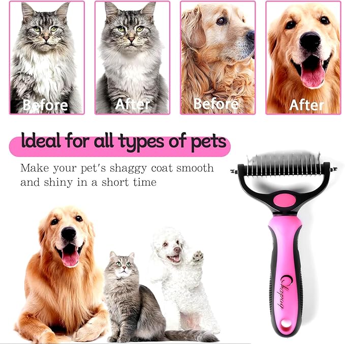 Pet Grooming Brush and Metal Comb Double Sided Long Hair Pet Undercoat Cleaner Brush for Dogs and Cats Removes mats and lint Effectively removes carpet shedding or flyaway hair.(Pink)…