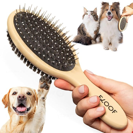 Floof Double-Sided Pet Brush,Metallic Pins & Vegan Boar Bristles for Long & Short Haired Dogs and Cats | Premium Wooden Handle for Comfort | Eco-Friendly Deshedding,Gentle Detangling,& Easy to Clean