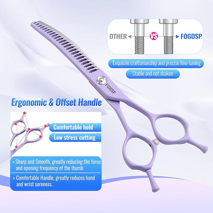 Curved Chunkers Dog Grooming Scissors 7.5" Macarone Series Professional Pet Grooming Shears for Large Dogs Pets Japan 440C Stainless Steel Sharp & Durable(Purple, 30Teeth Curved Thinners)