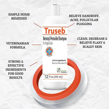 Truseb | Benzoyl Peroxide Shampoo for Dogs,Cats and Horses (Benzoyl Peroxide Shampoo, 12 oz)