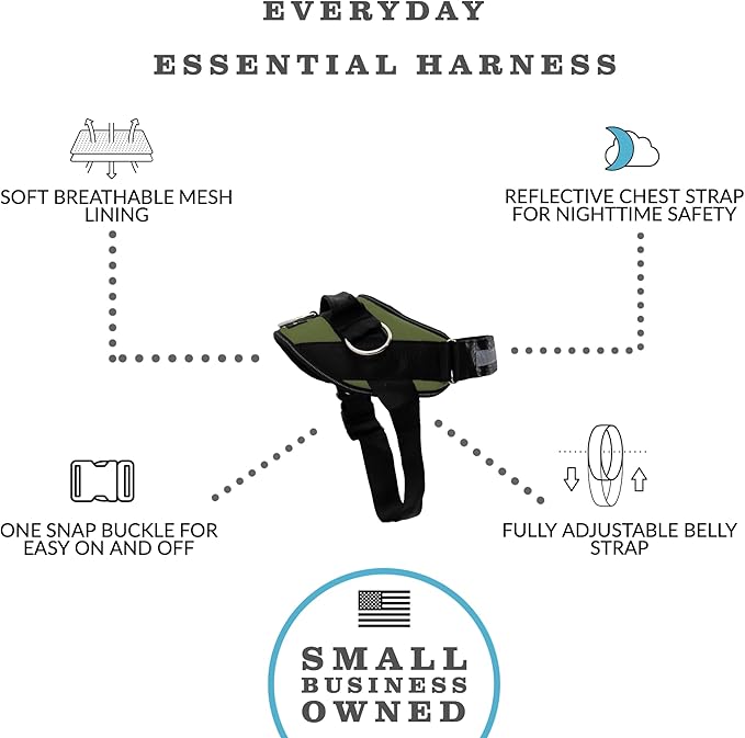ShawnCo Essential Dog Harness, No-Pull Pet Vest with 3 Leash Clips, No Choke, Reflective, Adjustable and Padded, for Easy Walking and Training for Small, Medium and Large Dogs (Olive Green, L)