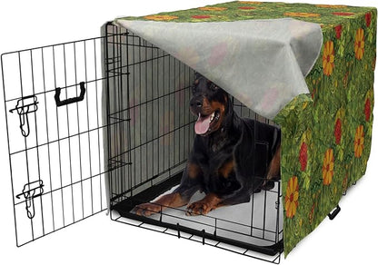 Ambesonne Floral Dog Crate Cover, Funky Flower Foliage Bush with Fractal Retro Jungle Art Design, Easy to Use Pet Kennel Cover for Medium Large Dogs, 42 Inch, Olive Green