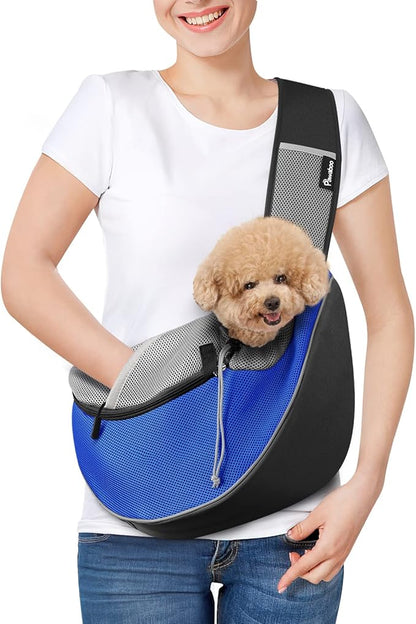 Pawaboo Dog Sling Carrier, Dog Papoose with Zipper Touch Pocket, Hand Free Breathable Mesh Puppy Carrier, Crossbody Satchel Dog Purse with Adjustable Strap for Outdoor Travel, Blue, Medium