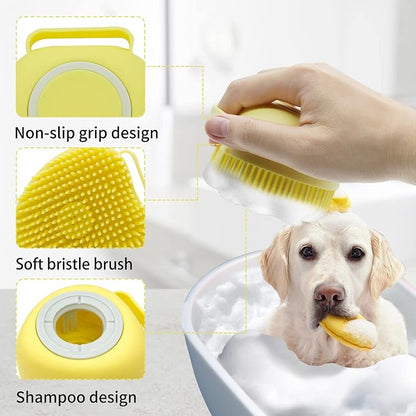 WishLotus Pet Bath Brush, Soft Silicone Cat Grooming Brush Dog Bath Massage Brush Shampoo Dispenser Heart-Shaped Multifunctional BathBrush for Pet Shower (Heart-Yellow)