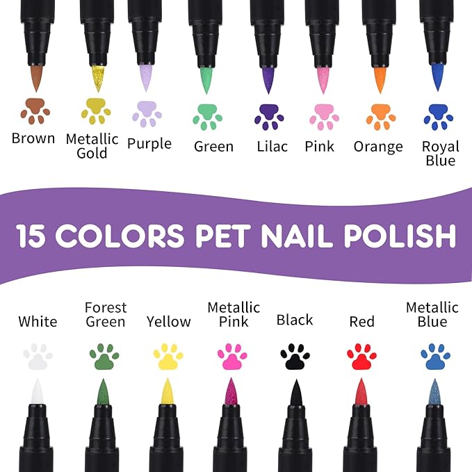 15 Colors Dog Safe Nail Polish Pen Quick Dry, Pet Nail Colors for Cats/Dogs/Birds/Rabbits, Easy to Apply