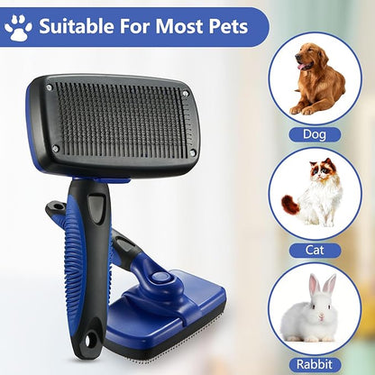 Self-Cleaning Slicker Brush for Pets - Removes Loose Hair, Cat and Dog Grooming Tool (Large, Blue)