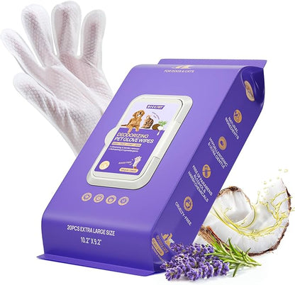 HICC PET Cleaning & Deodorizing Bathing Wipes for Dogs & Cats, Hypoallergenic Coconut Oil Grooming Glove Wipes for Dogs Nourishing Fur, Cat Wipes Cleaning Fur for Daily and Traveling Care