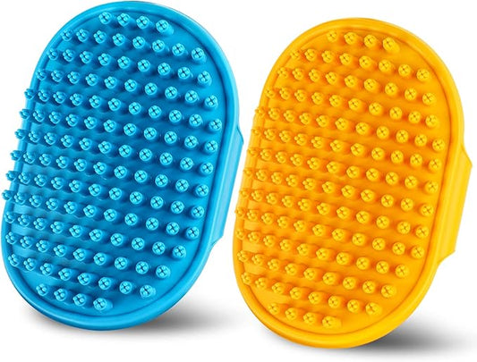 Dog Bath Brush | Grooming Brush & Shampoo Massage Comb with Adjustable Loop Handle for Short & Long Hair Cats & Dogs, 2pcs(Plum, Blue + Orange)