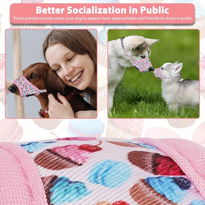 LUCKYPAW Dog Muzzle, Soft Dog Muzzles for Small Medium Large Dogs, Breathable Muzzles to Stop Biting and Chewing with Pattern, Allows Panting and Drinking (XS-(Snout 3½"-4¾"), Pink Cake)