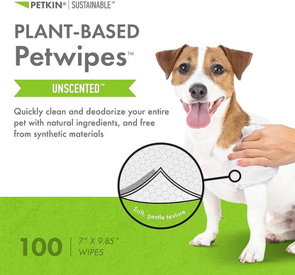Petkin Plant-Based PetWipes, 100 Wipes - Biobased, Sustainable, Big & Thick Pet Wipes for Dogs & Cats - for Face, Paws, Ears, Body & Eye Area - Consciously Cleans & Conditions - Unscented