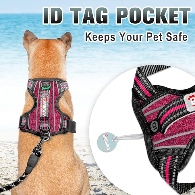 BARKBAY No Pull Dog Harness Large Reflective Dog Harness with Front Clip and Easy Control Handle for Walking Training Running with ID tag Pocket(Pink/Black,L)
