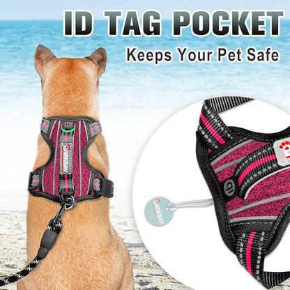 BARKBAY No Pull Dog Harness Large Reflective Dog Harness with Front Clip and Easy Control Handle for Walking Training Running with ID tag Pocket(Pink/Black,L)