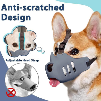 LUCKYPAW Dog Muzzle Soft Muzzle for Small Medium Dog Poodle Dachshund Breathable Silicone Cage Muzzle for Biting Chewing Funny Rhino Muzzle with Adjustable Strap