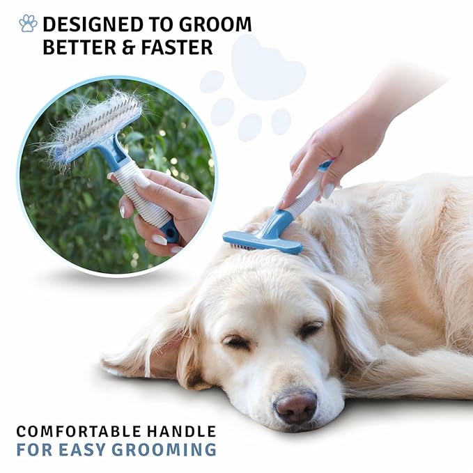 POODLIE Poodle Pet Dog Grooming Rake | Dematting Tool with Stainless Steel Shedding Comb for Pets | 2 Rows of Pins Gently Remove Loose or Tangled Hair from Undercoat (Blue)