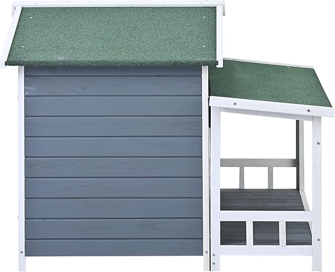 Merax 47" Outdoor Wooden Dog House with Porch, Asphalt Roof, 2" Height Raised Feet and Two Plastic Door Curtains, Brown