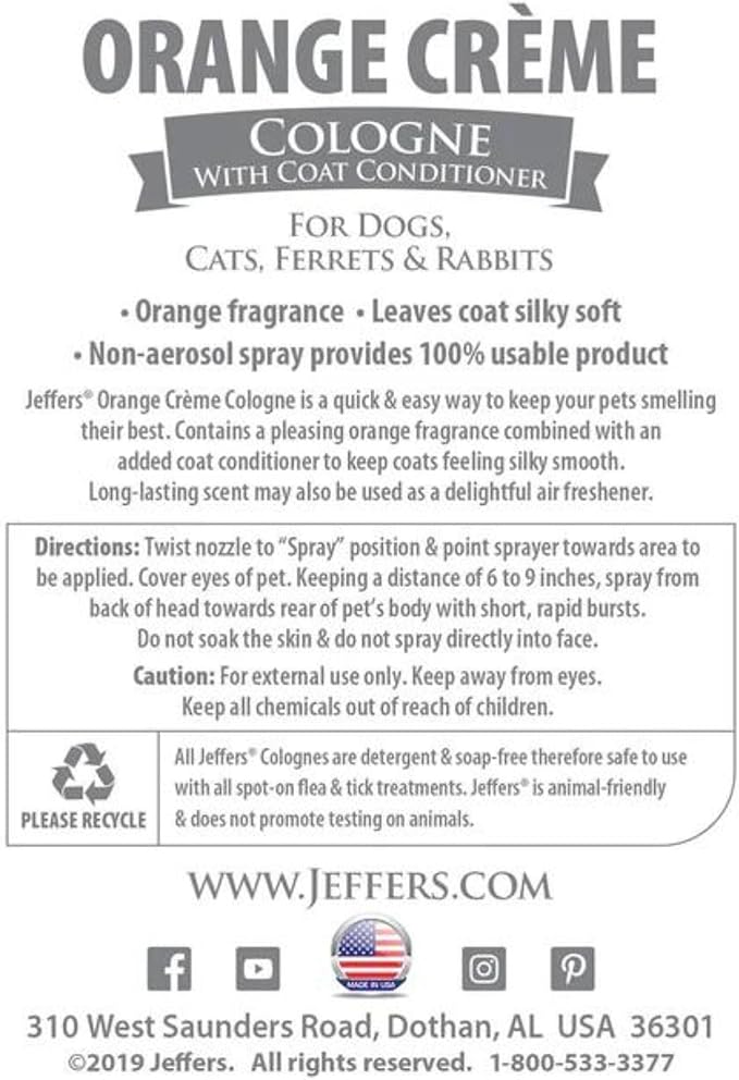 Jeffers Pet Cologne for Dogs, Cats, Rabbits & Ferrets, Orange Creme 16oz – Soap-Free, Conditioner for Silky Coats, Safe & Fresh Fragrance, Deodorizing Spray for Pets, Grooming Essentials