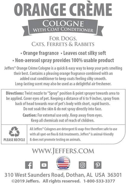 Jeffers Pet Cologne for Dogs, Cats, Rabbits & Ferrets, Orange Creme 16oz – Soap-Free, Conditioner for Silky Coats, Safe & Fresh Fragrance, Deodorizing Spray for Pets, Grooming Essentials