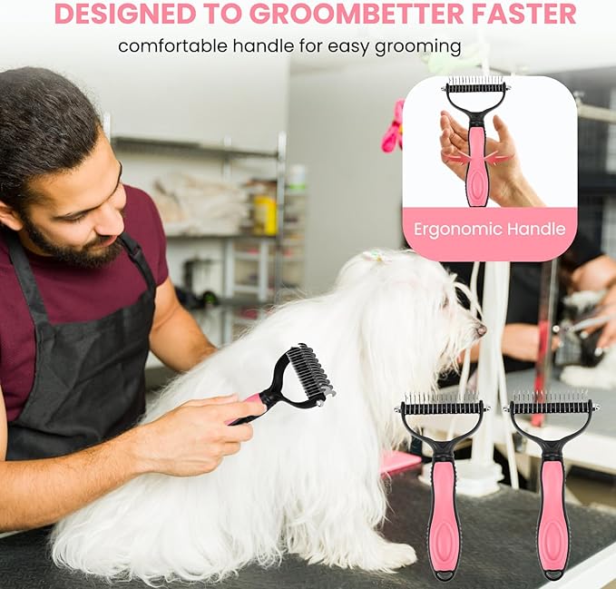 Pet Grooming Tool- 2 Sided Undercoat Rake for Dogs &Cats-Safe and Effective Dematting Comb for Mats&Tangles Removing (Pink)