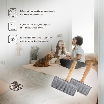 Wooden Slicker Brush - Stainless Steel Soft Pins for Pet Grooming (Size M)